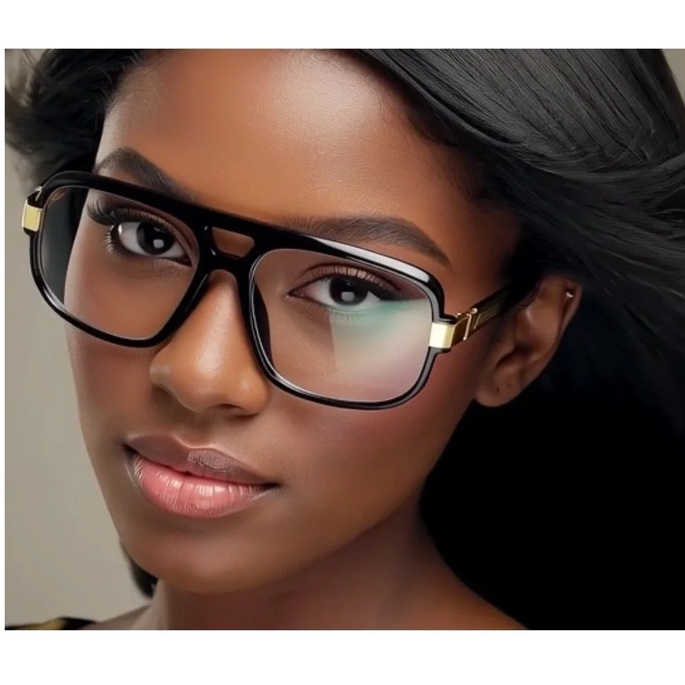 Women Oversized Black Frame Glasses Clear Lens Gold Accent‎ Retro  UV400 Gafas